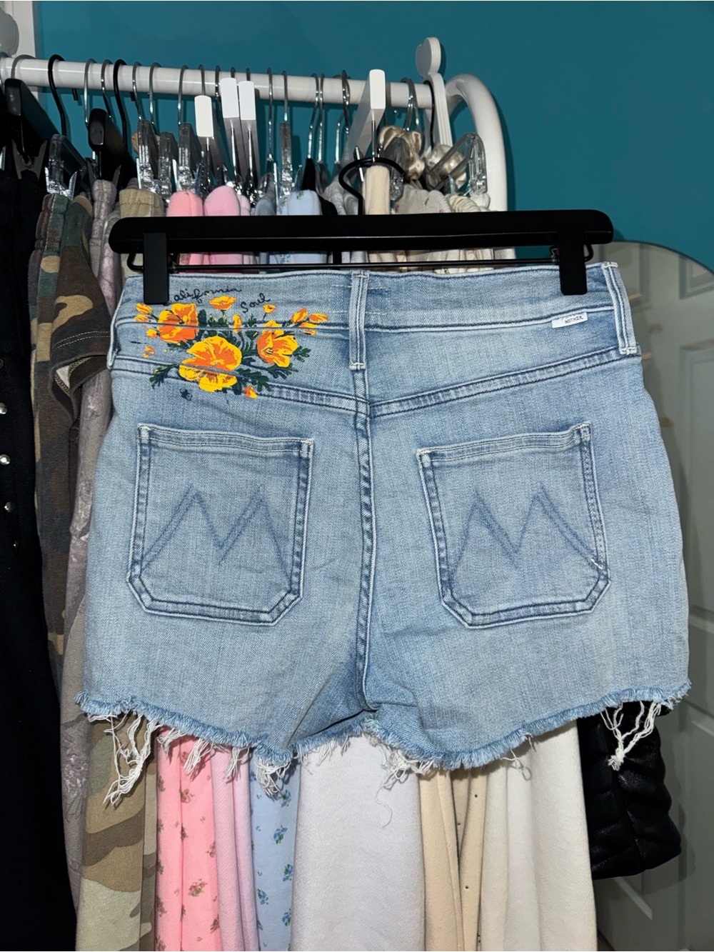 Floral Light Blue Denim Frayed Hem Women’s Shorts floral